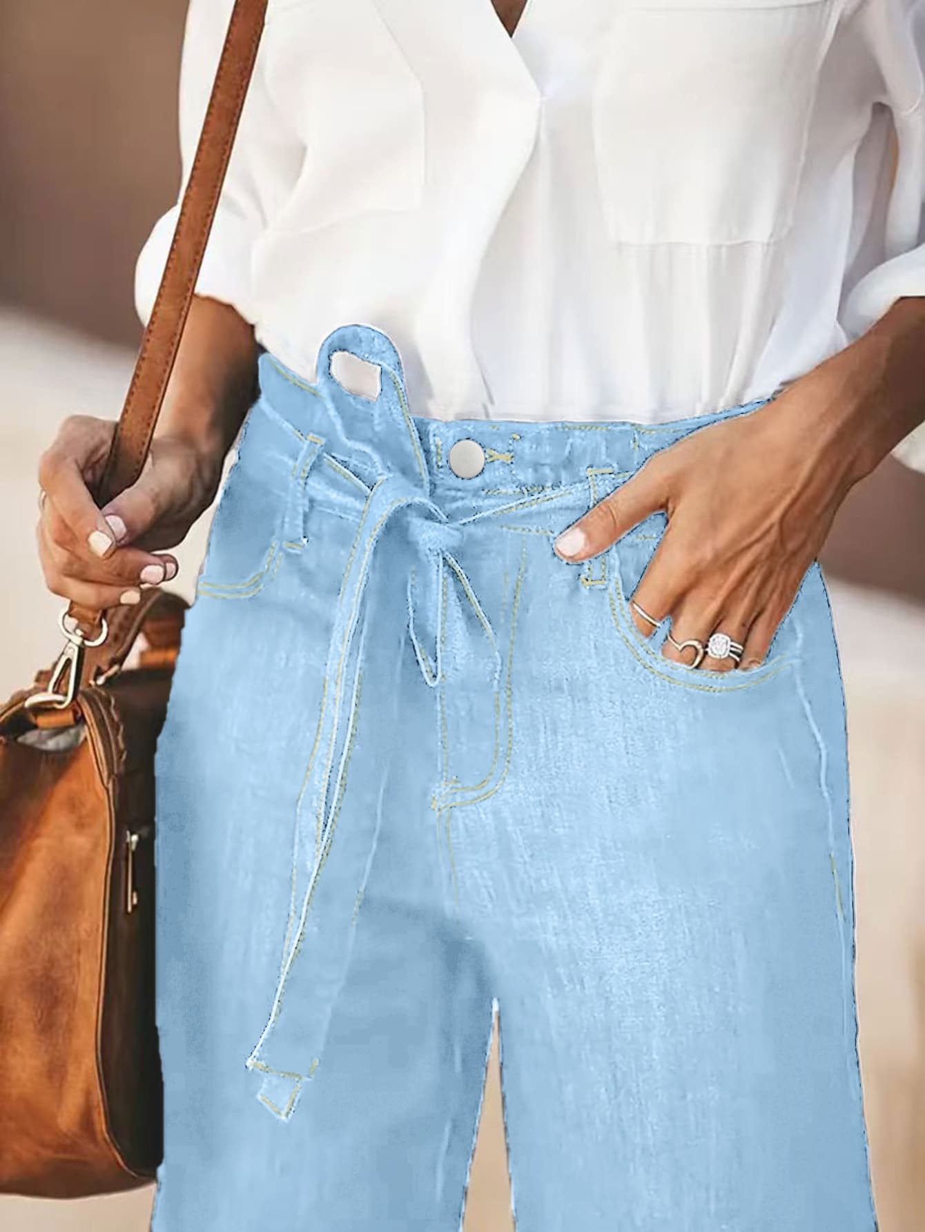 Women's High-Waist Wide-Leg Denim Pants — Tie Belt, Light Blue 5