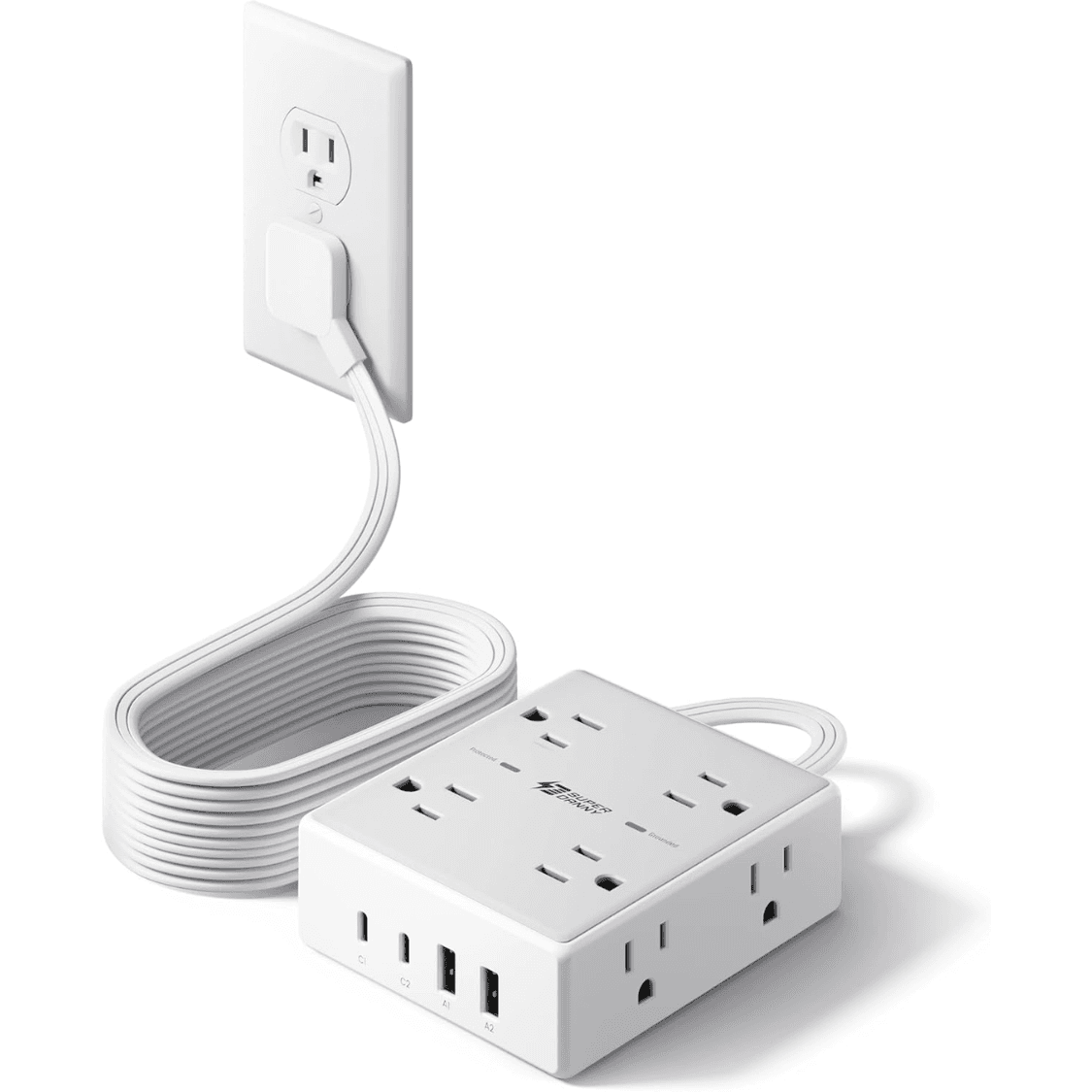 10ft Surge Protector Power Strip — 8 Outlets, 4 USB, Flat Plug